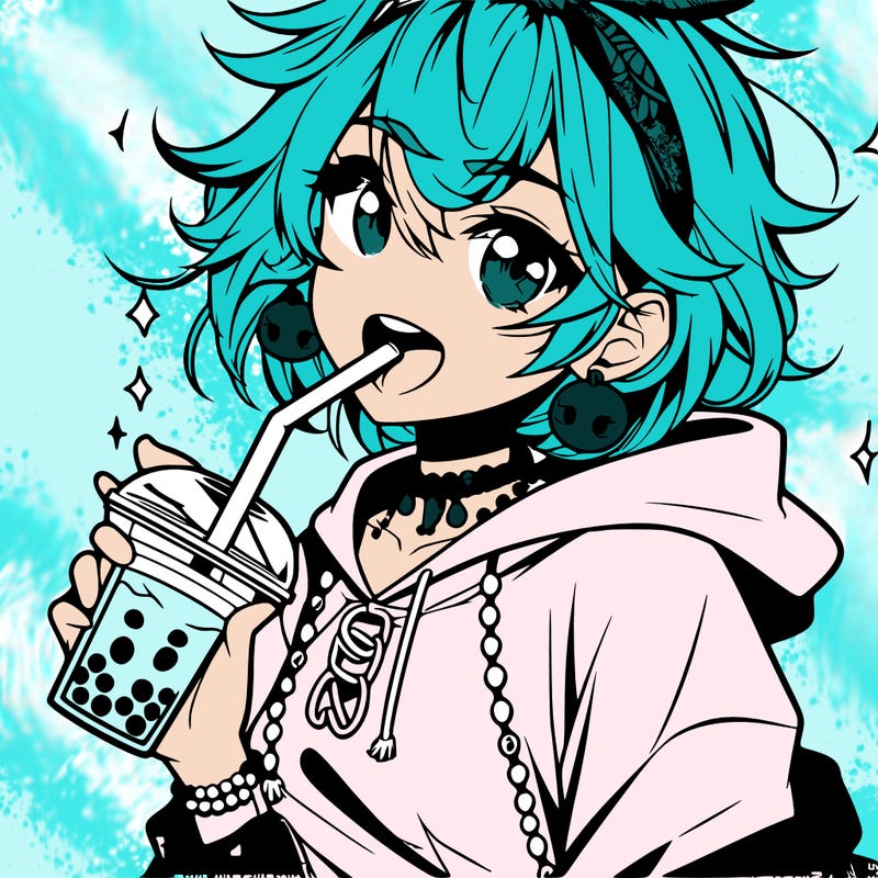 hot baddie anime girl drinking boba and biting the straw