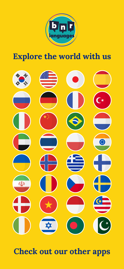Grade de bandeiras de países representando vários aplicativos de aprendizagem de idiomas pela BNR Languages
