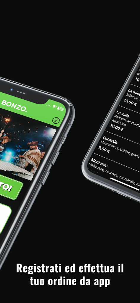 BONZO. BURGER - Mobile screens for Bonzo Burger app featuring a menu list and event photos