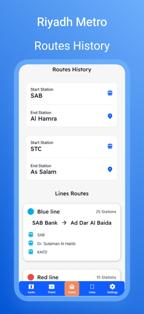 Riyadh Metro Guide app screen showing recent route history and blue line station details