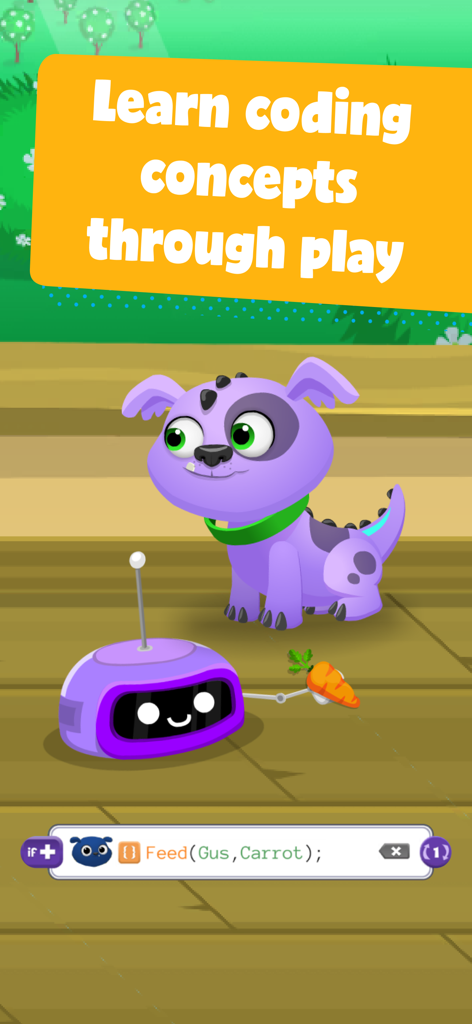 Kodable Basics - Interface de jogo do Kodable Basics mostrando um personagem roxo e um bloco de lógica de codificação para crianças aprenderem programação
