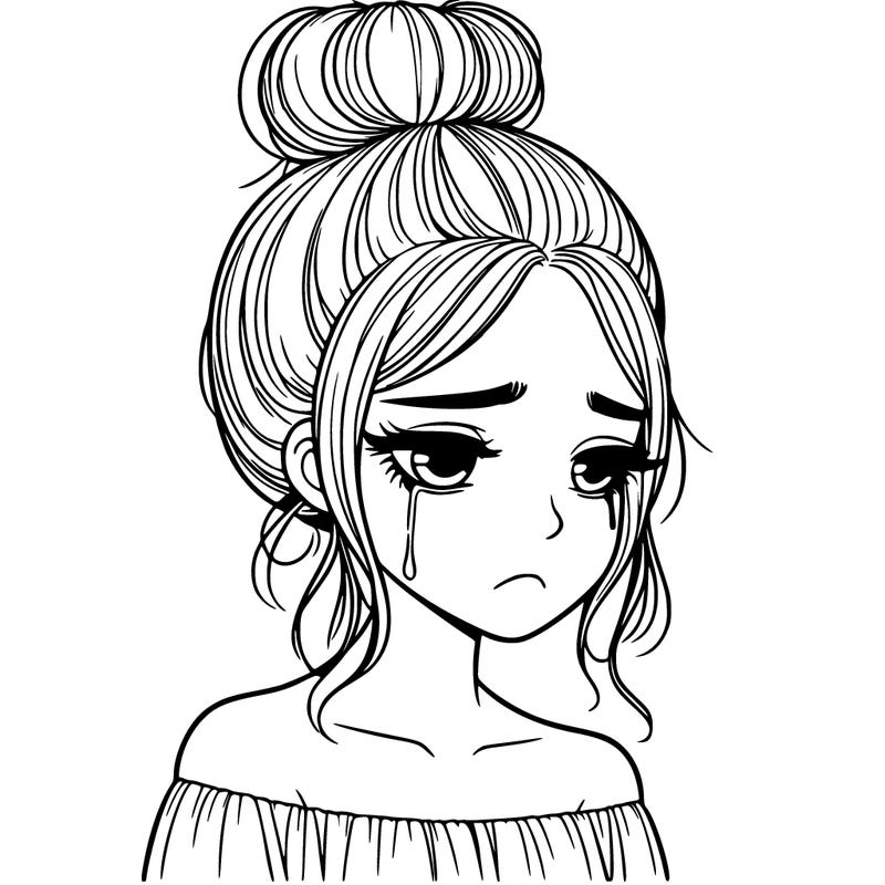 realistic girl with a bun and she's sad
