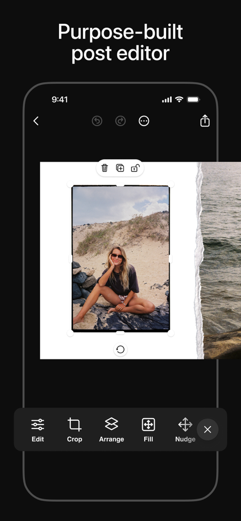 Éditeur de publication spécialement conçu de l'application SCRL montrant une photo sur une toile libre avec des outils d'édition