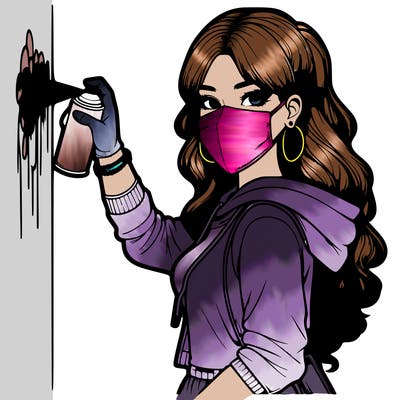 realistic girl with mask spray painting a wall