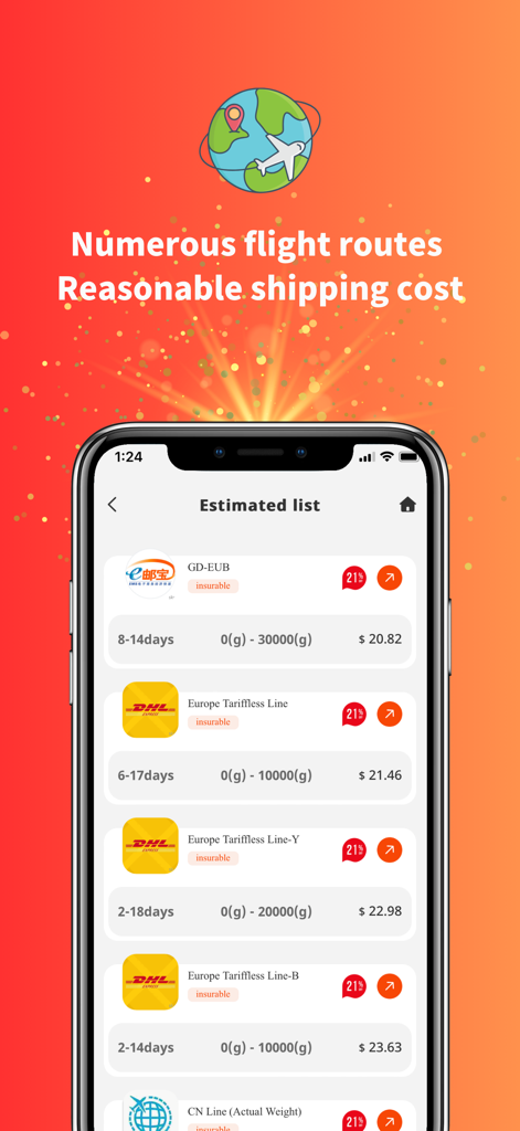 OkeyHaul - OkeyHaul mobile app screen showing international shipping options with estimated prices and delivery times