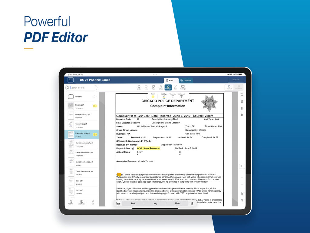 Case Crafter - Trial Presenter - Case Crafter app on iPad showing its PDF editor highlighting a police complaint document for a legal trial