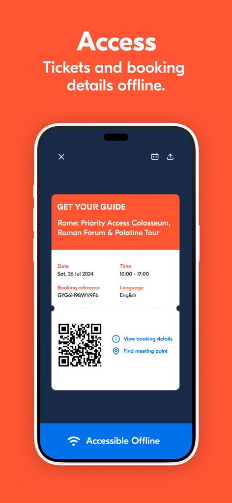 GetYourGuide app showing an offline mobile ticket for a Colosseum tour with a QR code