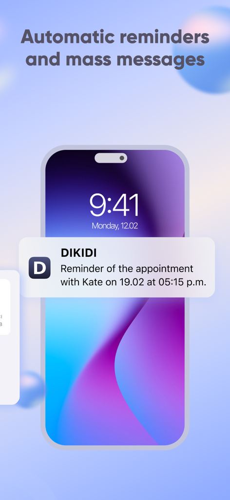 DIKIDI Appointments Scheduling - Notifica di promemoria appuntamento automatico dall'app DIKIDI sullo schermo di un telefono