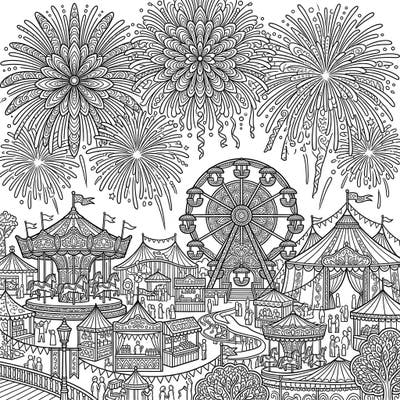 Immerse yourself in the exciting world of a carnival at night, illuminated by spectacular fireworks, with this detailed coloring page. Crafted for teens, it presents a rich tapestry of fairground attractions and explosive sky art, inviting hours of creative exploration.