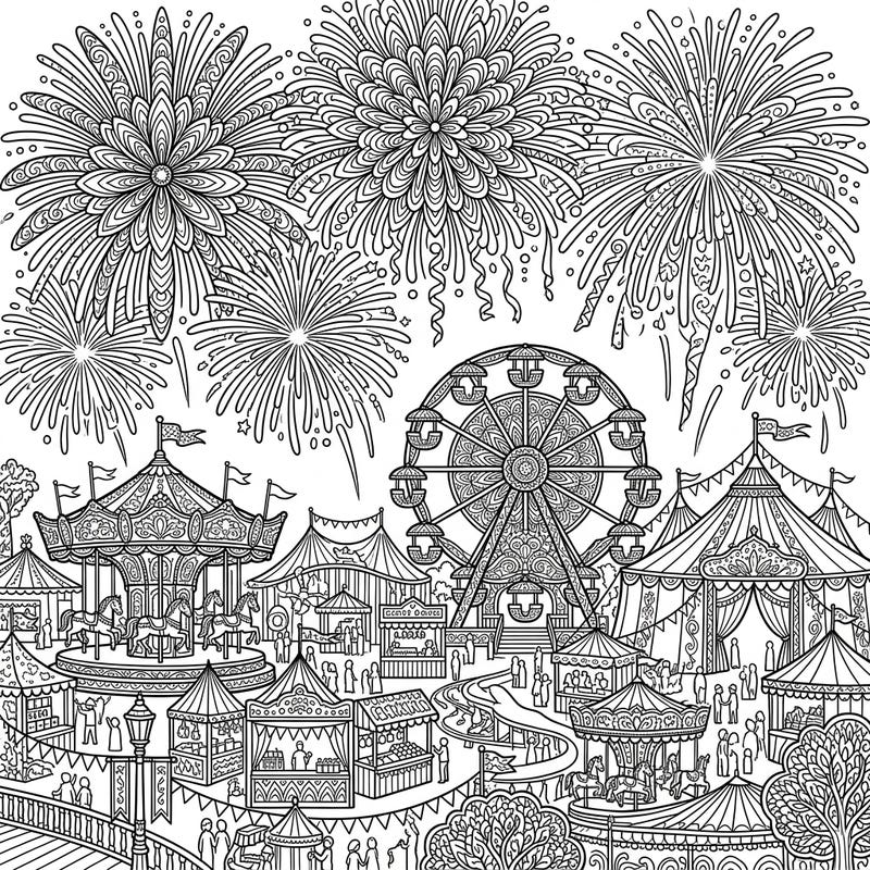 Immerse yourself in the exciting world of a carnival at night, illuminated by spectacular fireworks, with this detailed coloring page. Crafted for teens, it presents a rich tapestry of fairground attractions and explosive sky art, inviting hours of creative exploration.