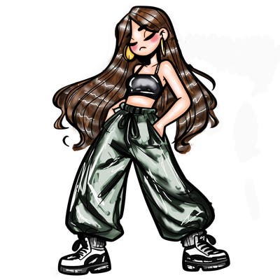 girl in baggy pants crop top and long hair