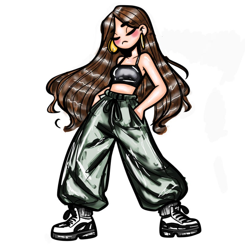 girl in baggy pants crop top and long hair