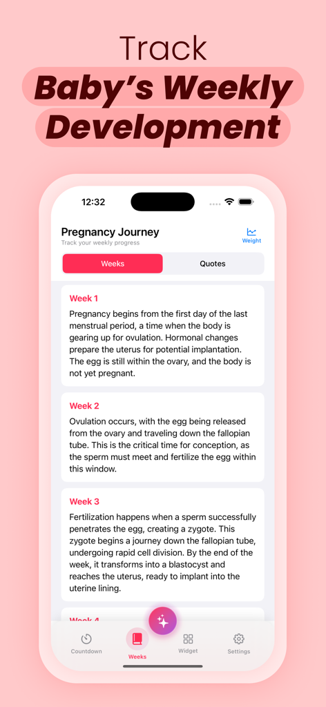 Track My Pregnancy Due Date AI - Mobile app interface displaying pregnancy journey progress and weekly development details