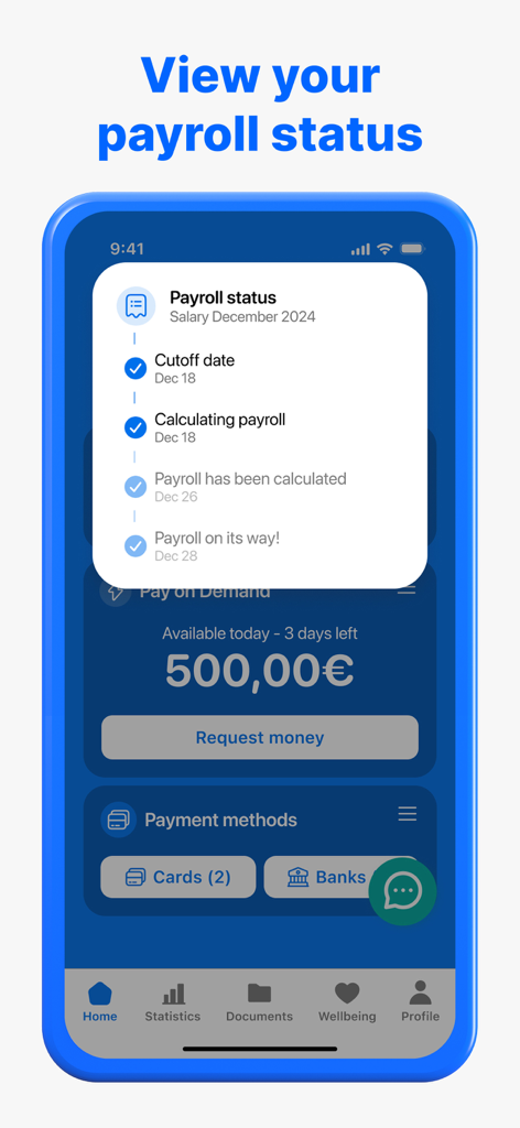 CloudPay - Interfaz móvil de la aplicación CloudPay que muestra el seguimiento del progreso de la nómina y el acceso al salario devengado.