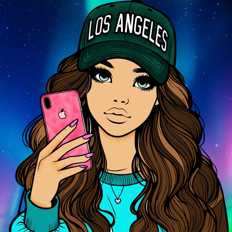 realistic beautiful girl wearing los ángeles cap holding an iphone