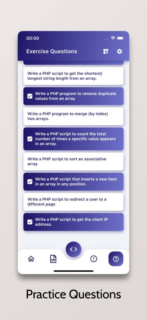 PHP Compiler - Run .php Code - Un écran mobile montrant une liste de questions pratiques PHP et d'exercices de codage.