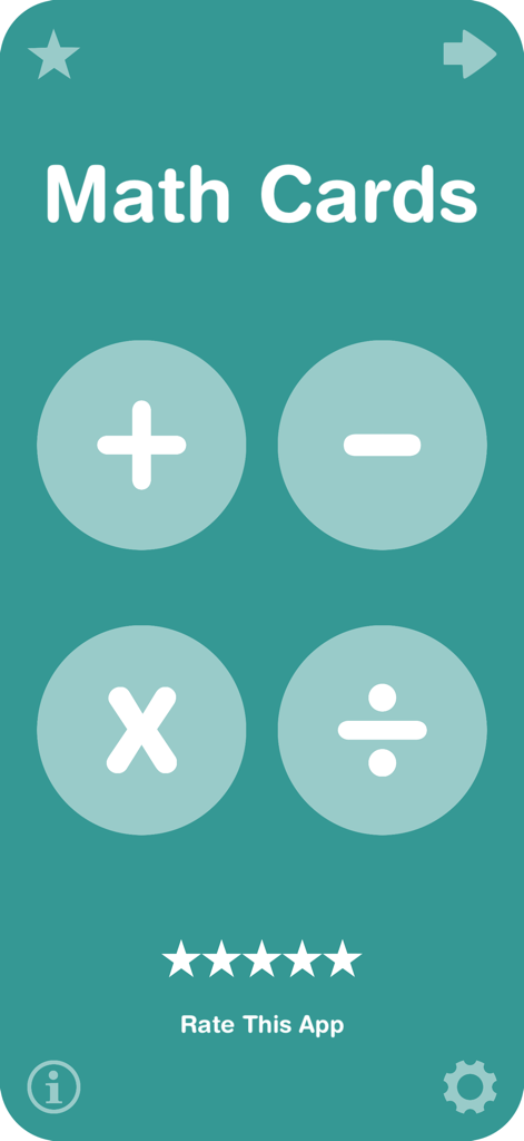 Main menu of the Big Math Flash Cards School app showing icons for addition subtraction multiplication and division