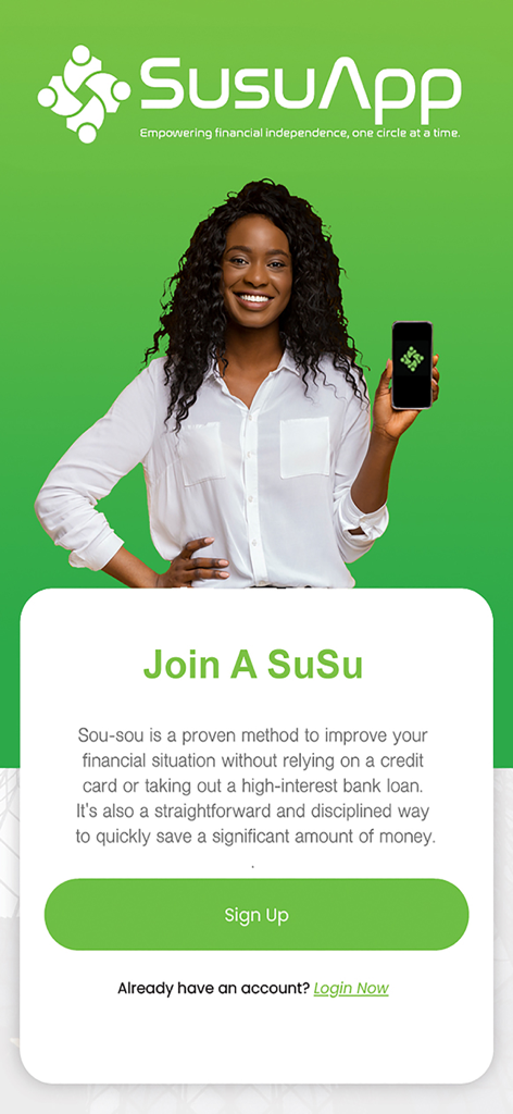 A smiling woman holding a phone with the SusuApp logo on a green background next to a sign up card