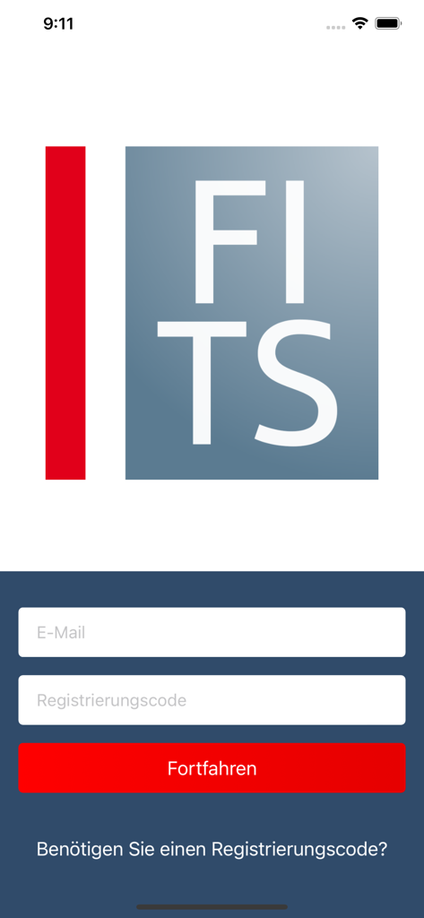 Login and registration interface for the FI-TS Events app showing fields for email and registration code