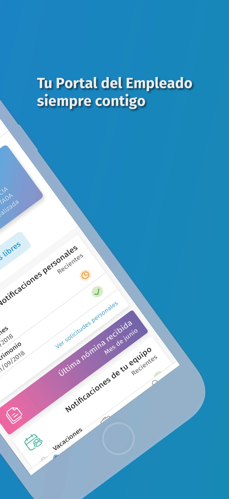 Portal Empleado - Pantalla de smartphone mostrando la aplicación Portal Empleado con notificaciones de nómina y opciones de servicio al empleado.