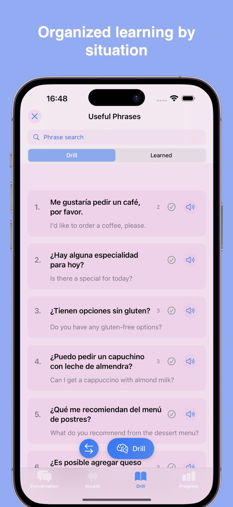 Conversation IQ：Language Coach - A list of Spanish phrases for ordering coffee and food in the Conversation IQ language learning app.