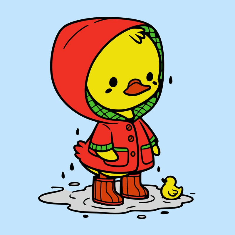 baby duck in a rain coat and boots, in a puddle while it’s raining