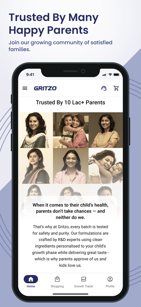Gritzo app screen showing a community of happy parents and children with information on clean pediatric nutrition