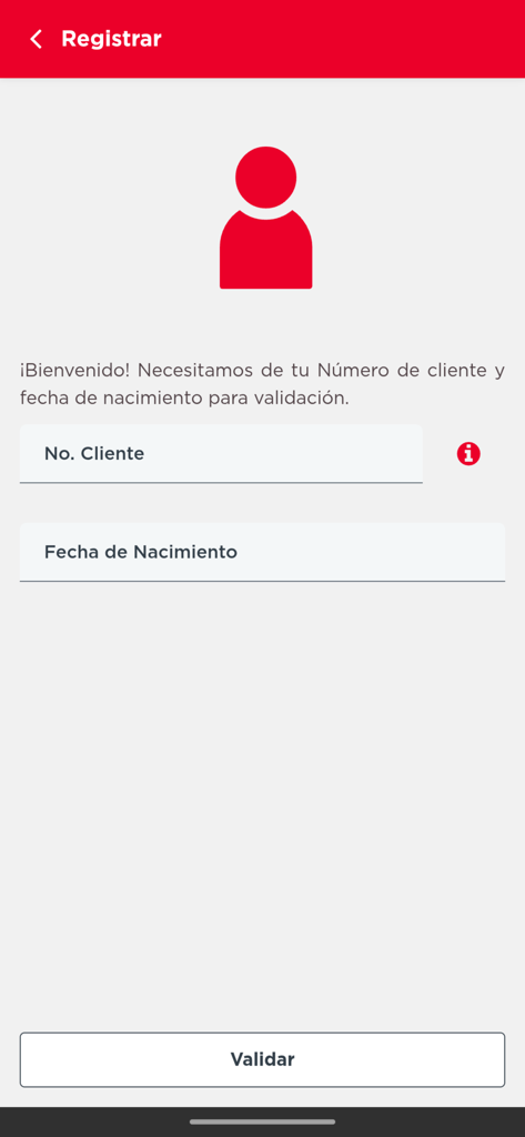 Registration screen for the Pensiones Banorte app requiring customer number and date of birth for validation