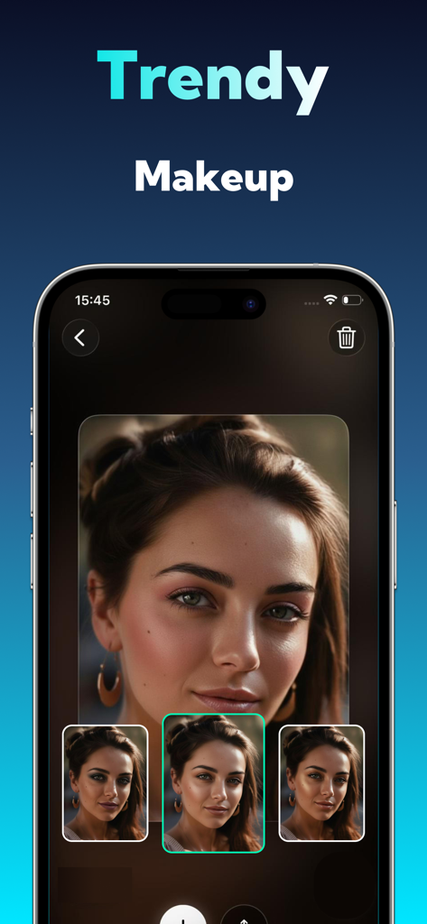 AI Photo Editor: Pixartia - Interface do editor de fotos IA mostrando um aprimoramento de maquiagem moderno em um retrato de uma jovem com várias opções de estilo