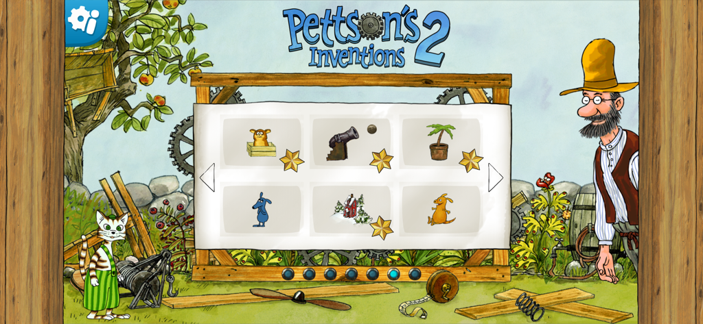 Pettson's Inventions 2 - Level selection menu for Pettsons Inventions 2 showing puzzle thumbnails and characters Pettson and Findus