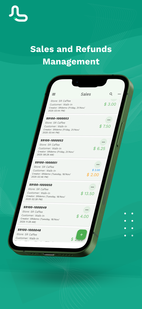 Pantalla de smartphone mostrando la interfaz de gestión de ventas y reembolsos de MyLekha POS con una lista de transacciones comerciales.