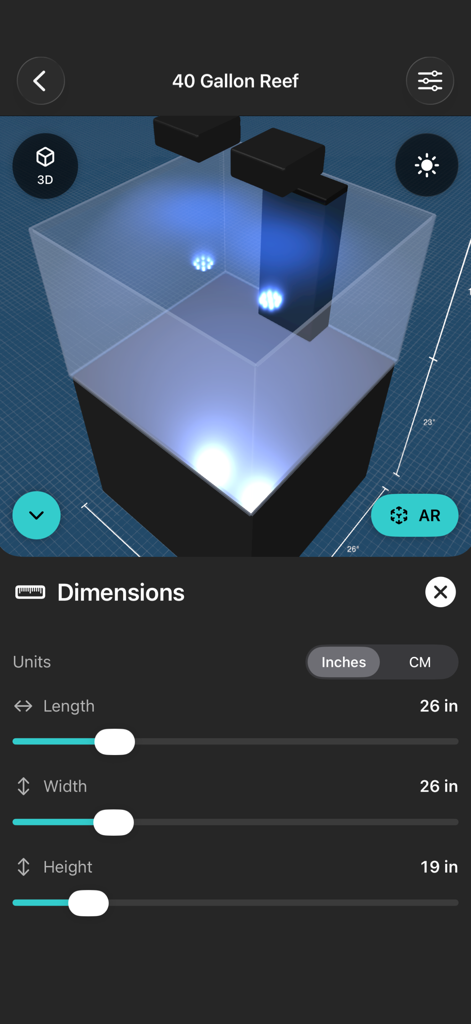 Aquarium Planner ARアプリインターフェース。長さ、幅、高さの寸法を調整可能なスライダーを備えた3Dリーフタンクモデルを表示しています。