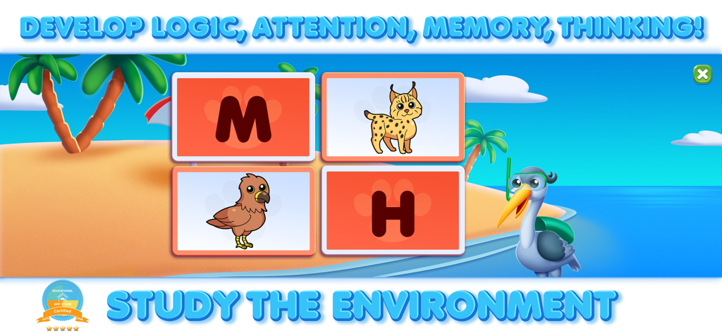 Educational alphabet matching game for toddlers with letters and animals on a sunny beach.