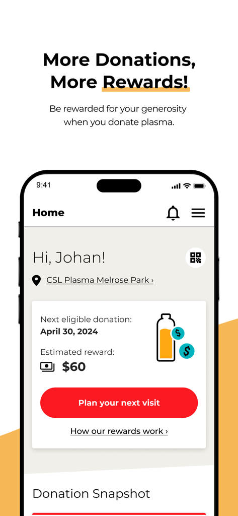 CSL Plasma app home screen showing estimated rewards and the option to plan a next donation visit