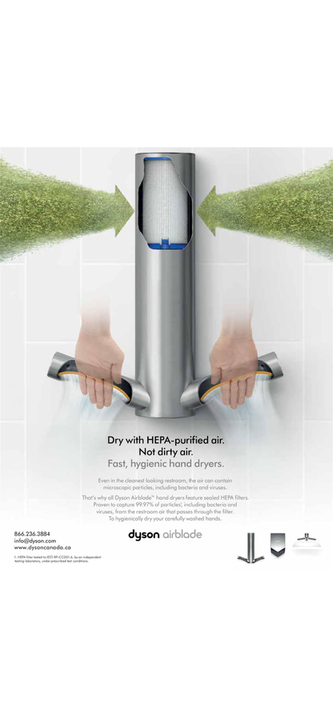 Dyson Airblade Händetrockner-Anzeige mit HEPA-gefilterter Lufttechnologie.