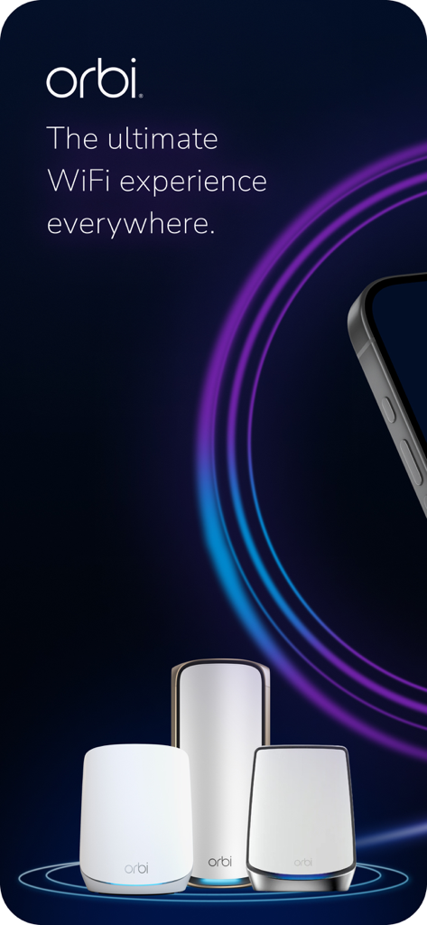Netgear Orbi mesh WiFi hardware units and app promotional screen
