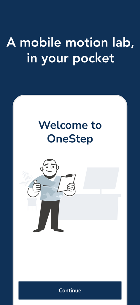 Physical Therapy by OneStep - Welcome screen for the OneStep physical therapy app showing a friendly therapist illustration and the slogan A mobile motion lab in your pocket.