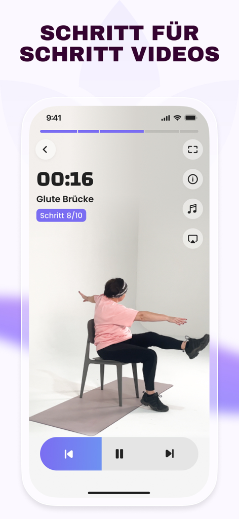 Fit 50+ : Workout & Stuhl Yoga - Interface do aplicativo móvel mostrando um vídeo passo a passo de yoga na cadeira para idosos