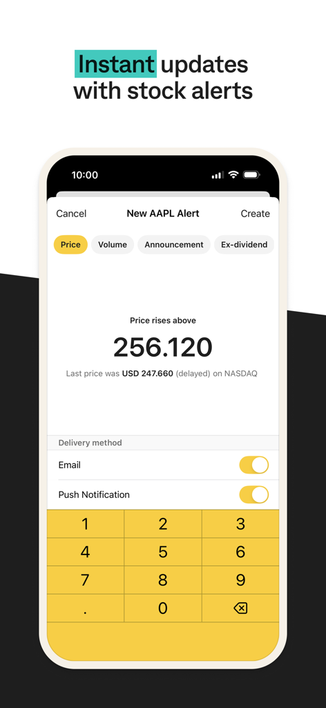 Mobile screen showing the setup for a new stock alert on the CommSec app.