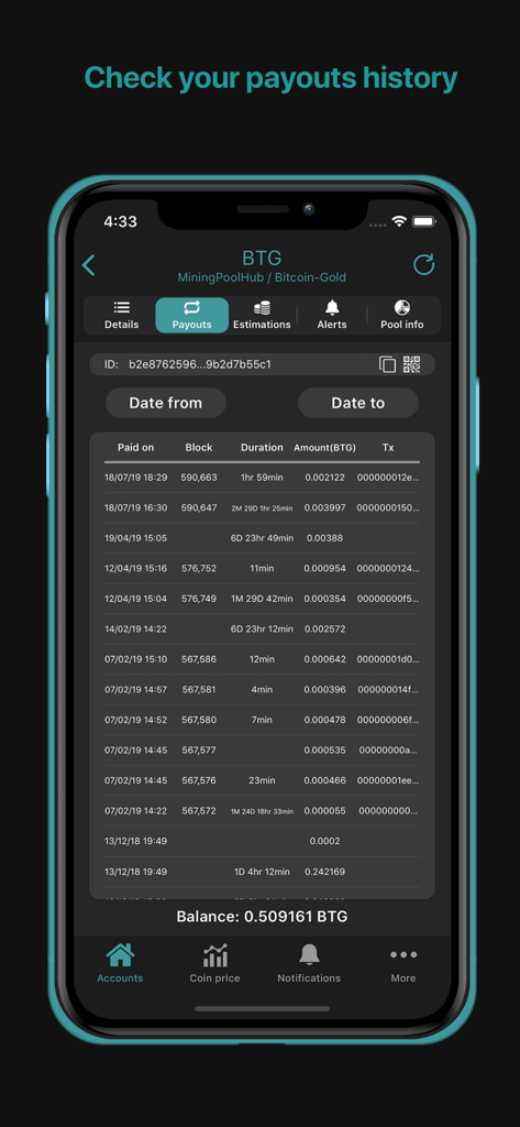 Crypto mining tracker MinerBox - MinerBox app interface displaying a detailed table of cryptocurrency mining payout history for Bitcoin Gold.