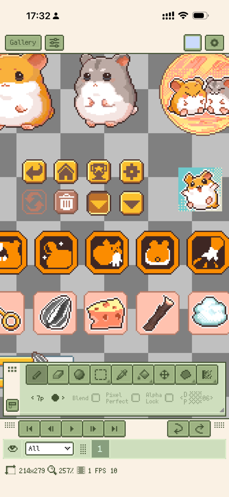 Mobile user interface of Resprite pixel art studio showing cute hamster sprites and game assets on a pixel canvas
