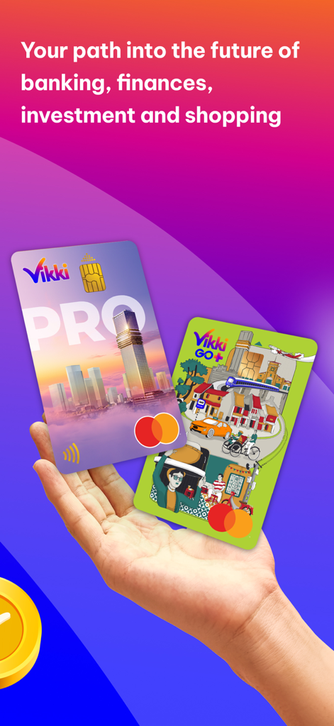 Vikki - Ngân hàng Số - カラフルなグラデーションの背景に、2枚のモダンなVikkiマスターカードデジタルバンキングカードを持つ手