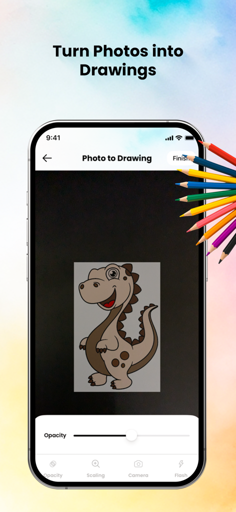 Coloring Pop - AI Art Maker - Interfaccia dell'app Coloring Pop che mostra la funzione Photo to Drawing con un'illustrazione di un dinosauro a cartone animato
