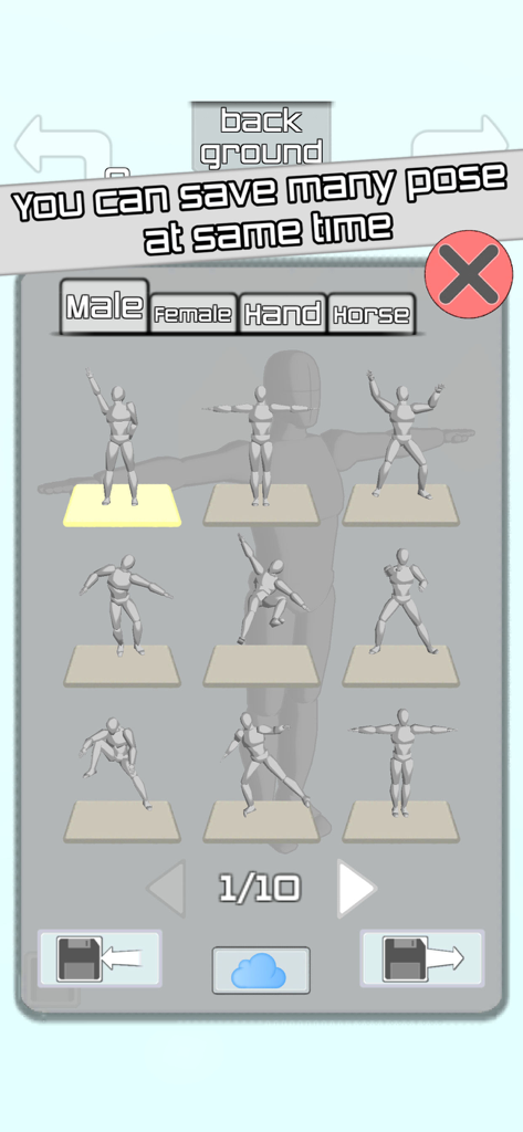 Make A Pose - A screen in the Make A Pose app showing a library of various saved 3D character poses in a grid layout.