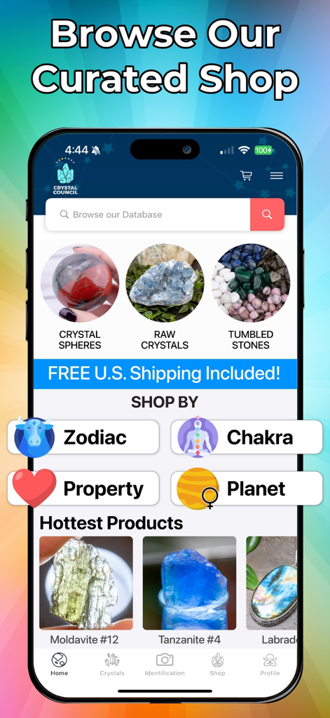Rock & Crystal Identifier - Mobile app screen showing a curated shop for crystals with categories like spheres and raw crystals plus shop by zodiac and chakra filters