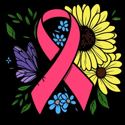 cancer awareness symbol with flowers and butterflies