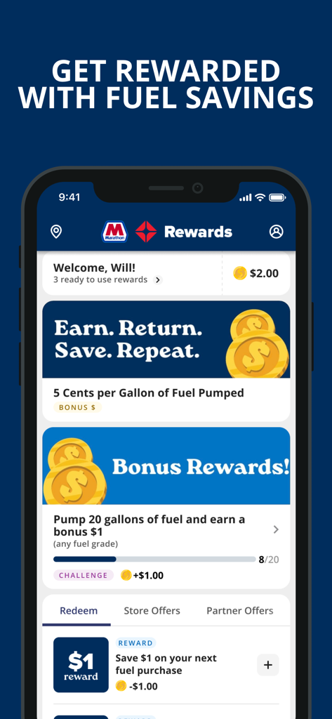 Marathon ARCO Rewards - Marathon ARCO Rewards mobile app interface showing fuel savings and bonus rewards progress