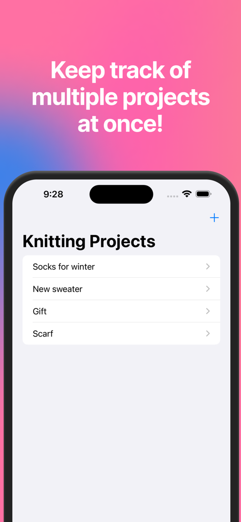 Pantalla móvil que muestra una lista de diferentes proyectos de tejido organizados en la aplicación