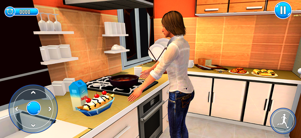 Happy Family Life: Mother Sim - Personaje de mamá virtual cocinando el desayuno en un juego de simulación de cocina.