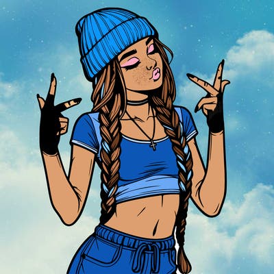 realistic teenage girl with braids and a beanie and crop top doing 🫶🏼